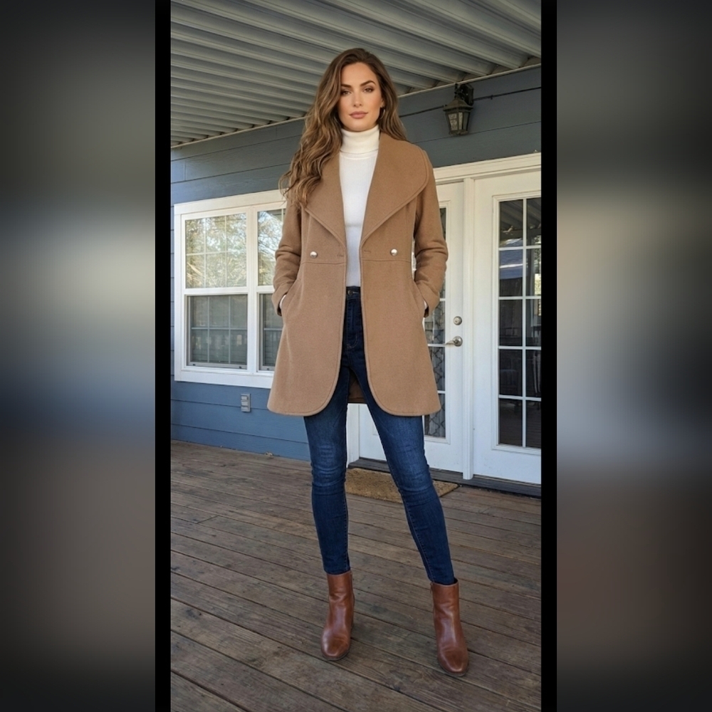 Kenneth Cole NY Shawl Collar Cocoa Double Breasted Soft Coat Size S